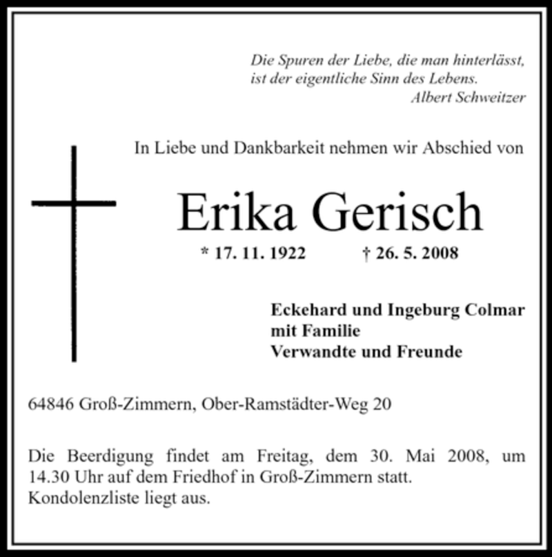  Traueranzeige für Erika Gerisch vom 29.05.2008 aus OFFENBACH-POST/HANAU-POST