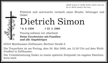 Traueranzeige von Dietrich Simon von OFFENBACH-POST/HANAU-POST