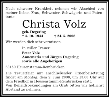 Traueranzeige von Christa Volz von OFFENBACH-POST/HANAU-POST