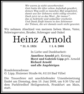 Traueranzeige von Heinz Arnold von OFFENBACH-POST/HANAU-POST