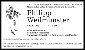 Traueranzeige von Philipp Weilmünster von OFFENBACH-POST/HANAU-POST