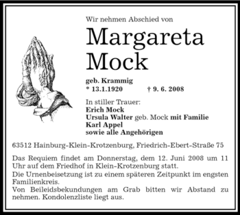 Traueranzeige von Margareta Mock von OFFENBACH-POST/HANAU-POST