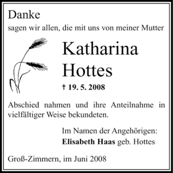 Traueranzeige von Katharina Hottes von OFFENBACH-POST/HANAU-POST