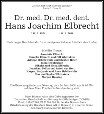 Traueranzeige von med.med.dent. Hans Joachim Elbrecht von OFFENBACH-POST/HANAU-POST