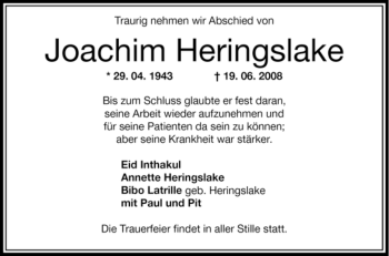 Traueranzeige von Joachim Heringslake von OFFENBACH-POST/HANAU-POST