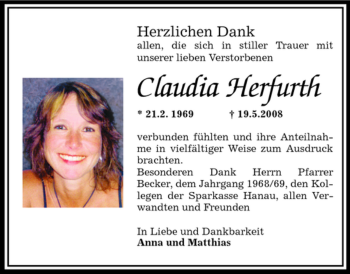 Traueranzeige von Claudia Herfurth von OFFENBACH-POST/HANAU-POST