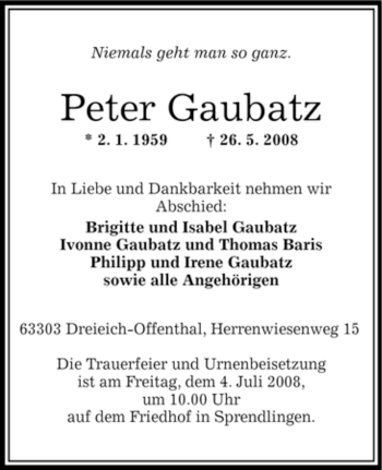 Traueranzeige von Peter Gaubatz von OFFENBACH-POST/HANAU-POST