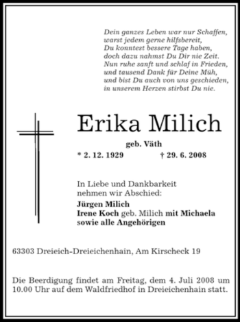 Traueranzeige von Erika Milich von OFFENBACH-POST/HANAU-POST