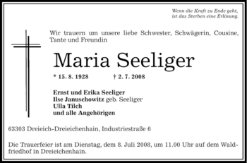 Traueranzeige von Maria Seeliger von OFFENBACH-POST/HANAU-POST