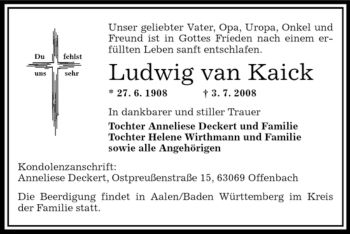 Traueranzeige von Ludwig van Kaick von OFFENBACH-POST/HANAU-POST