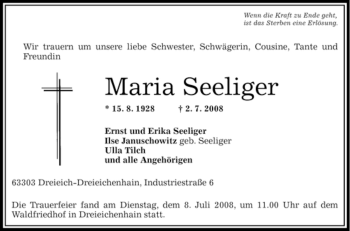 Traueranzeige von Maria Seeliger von OFFENBACH-POST/HANAU-POST