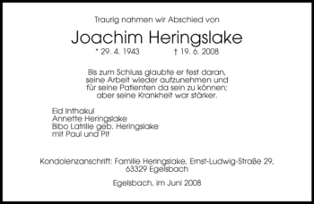 Traueranzeige von Joachim Heringslake von OFFENBACH-POST/HANAU-POST