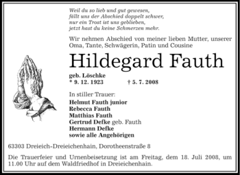 Traueranzeige von Hildegard Fauth von OFFENBACH-POST/HANAU-POST