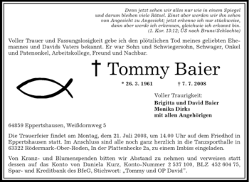 Traueranzeige von Tommy Baier von OFFENBACH-POST/HANAU-POST