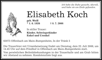 Traueranzeige von Elisabeth Koch von OFFENBACH-POST/HANAU-POST