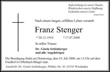 Traueranzeige von Franz Stenger von OFFENBACH-POST/HANAU-POST