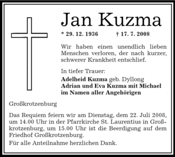 Traueranzeige von Jan Kuzma von OFFENBACH-POST/HANAU-POST