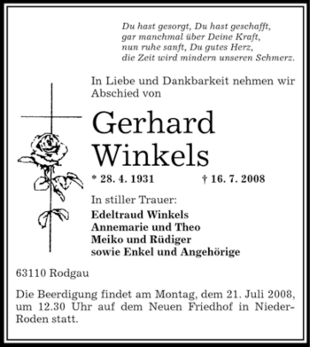 Traueranzeige von Gerhard Winkels von OFFENBACH-POST/HANAU-POST