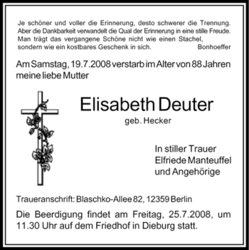 Traueranzeige von Elisabeth Deuter von OFFENBACH-POST/HANAU-POST