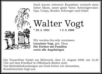 Traueranzeige von Walter Vogt von OFFENBACH-POST/HANAU-POST