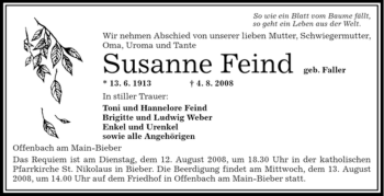 Traueranzeige von Susanne Feind von OFFENBACH-POST/HANAU-POST