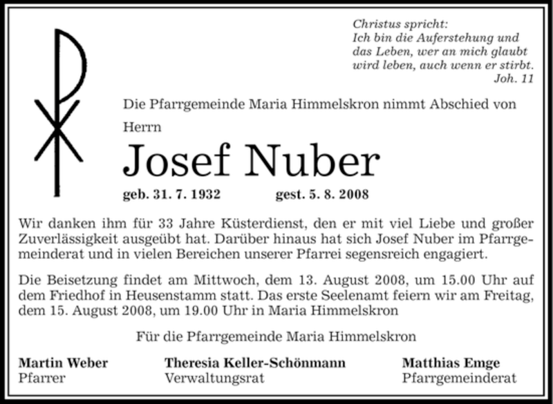  Traueranzeige für Josef Nuber vom 09.08.2008 aus OFFENBACH-POST/HANAU-POST