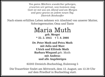 Traueranzeige von Maria Muth von OFFENBACH-POST/HANAU-POST