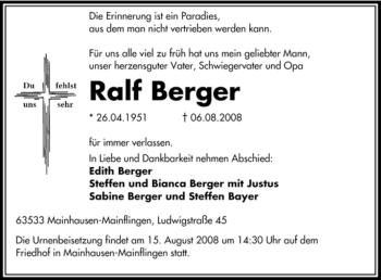 Traueranzeige von Rolf Berger von OFFENBACH-POST/HANAU-POST