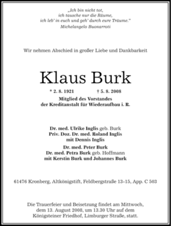 Traueranzeige von Klaus Burk von OFFENBACH-POST/HANAU-POST