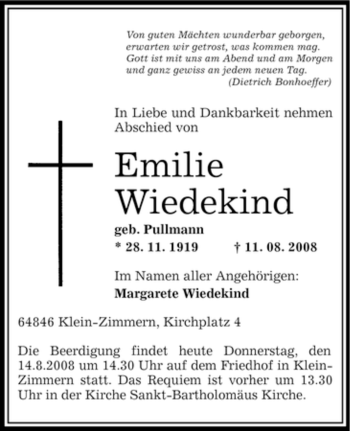 Traueranzeige von Emilie Wiedekind von OFFENBACH-POST/HANAU-POST