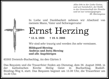 Traueranzeige von Ernst Herzing von OFFENBACH-POST/HANAU-POST