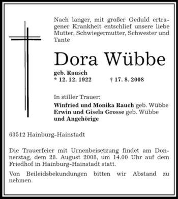 Traueranzeige von Dora Wübbe von OFFENBACH-POST/HANAU-POST