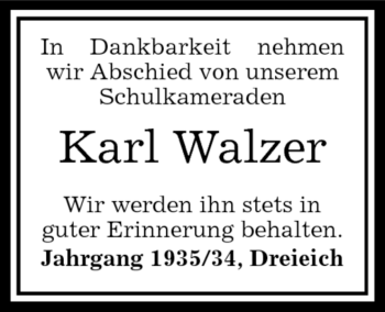 Traueranzeige von Karl Walzer von OFFENBACH-POST/HANAU-POST