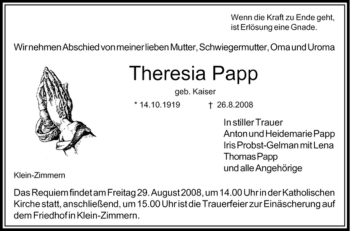 Traueranzeige von Theresia Papp von OFFENBACH-POST/HANAU-POST