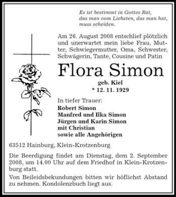 Traueranzeige von Flora Simon von OFFENBACH-POST/HANAU-POST