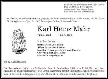 Traueranzeige von Karl Heinz Mahr von OFFENBACH-POST/HANAU-POST