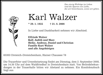 Traueranzeige von Karl Walzer von OFFENBACH-POST/HANAU-POST