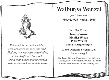 Traueranzeige von Walburga Wenzel von OFFENBACH-POST/HANAU-POST