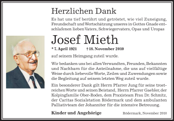 Traueranzeige von Josef Mieth von OFFENBACH-POST/HANAU-POST