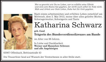 Traueranzeige von Katharina Schwarz von OFFENBACH-POST/HANAU-POST