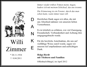 Traueranzeige von Willi Zimmer von OFFENBACH-POST/HANAU-POST