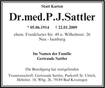 Traueranzeige von P. J. Sattler von OFFENBACH-POST/HANAU-POST