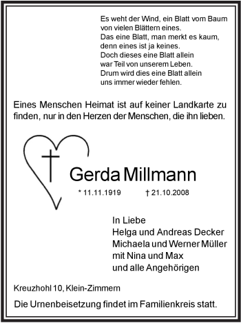 Traueranzeige von Gerda Millmann von OFFENBACH-POST/HANAU-POST