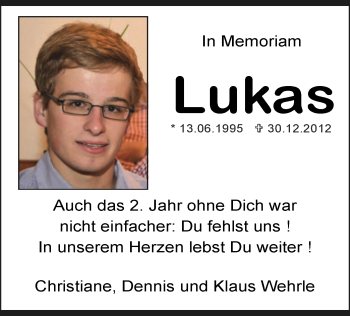 Traueranzeige von Lukas Wehrle von Offenbach