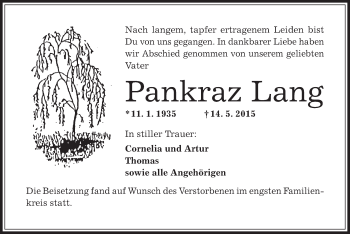 Traueranzeige von Pankraz Lang von Offenbach