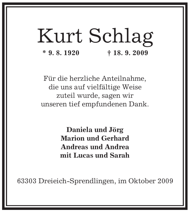  Traueranzeige für Kurt Schlag vom 08.10.2009 aus OFFENBACH-POST/HANAU-POST