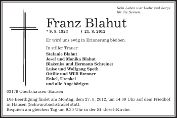 Traueranzeige von Franz Blahut von OFFENBACH-POST/HANAU-POST