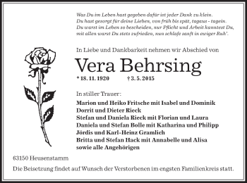 Traueranzeige von Vera Behrsing von Offenbach