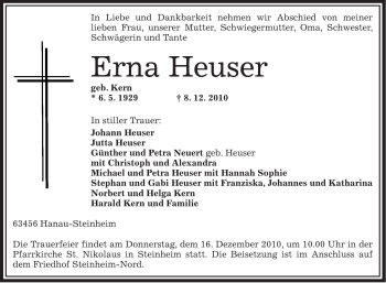 Traueranzeige von Erna Heuser von OFFENBACH-POST/HANAU-POST