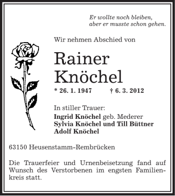 Traueranzeige von Rainer Knöchel von OFFENBACH-POST/HANAU-POST